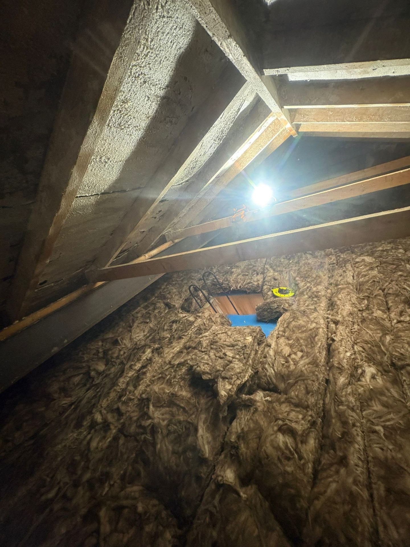 Spray foam inspection shot showing coverage, rafters and condition of insulation